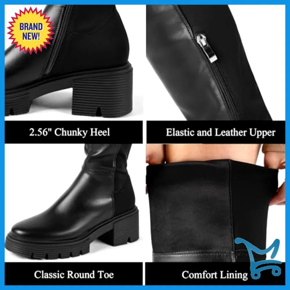Women's Suede Thigh High Boots Platform Chunky Heel Stretch Zip